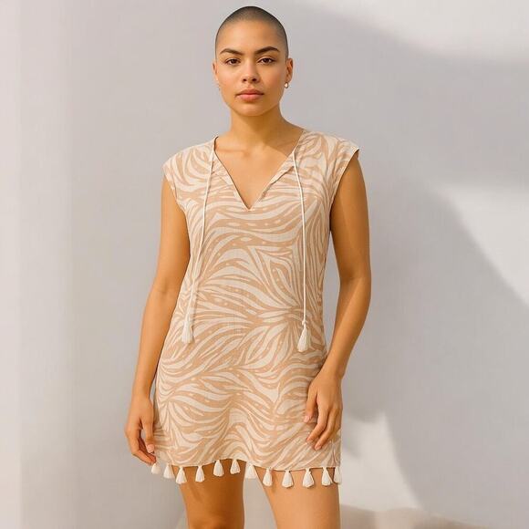 Rachel Zoe Boho Tan & Cream Zebra Print Linen Cover-Up w/ Tassels –Small & NWT! - Picture 1 of 6